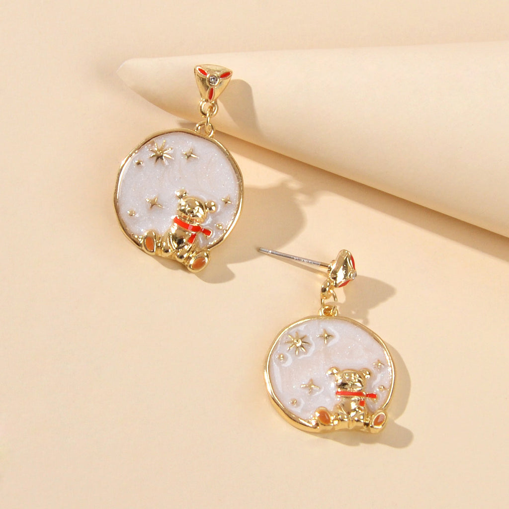 Funny Gifts Best Friends Cartoon Enamel Little Bear Round Charm Dangle Earrings