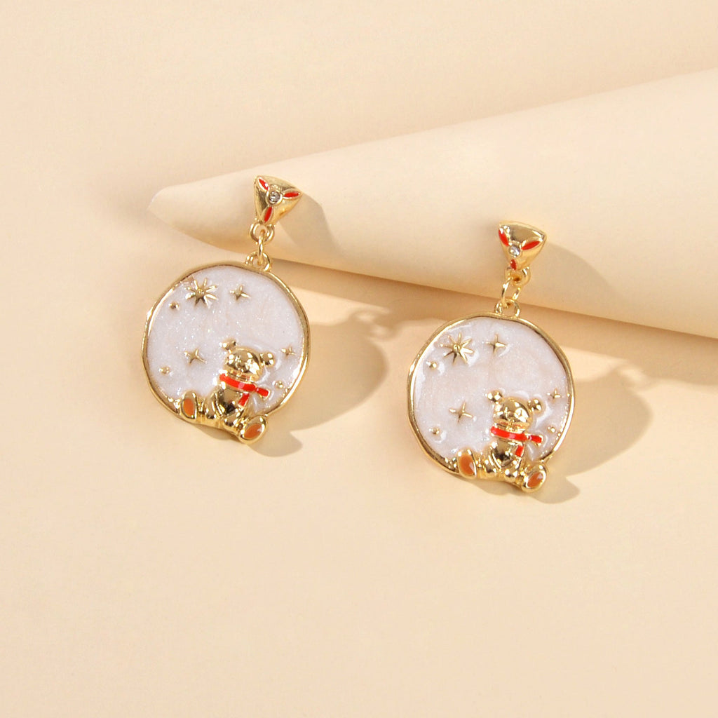 Funny Gifts Best Friends Cartoon Enamel Little Bear Round Charm Dangle Earrings
