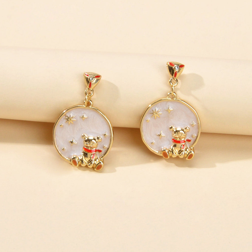 Funny Gifts Best Friends Cartoon Enamel Little Bear Round Charm Dangle Earrings