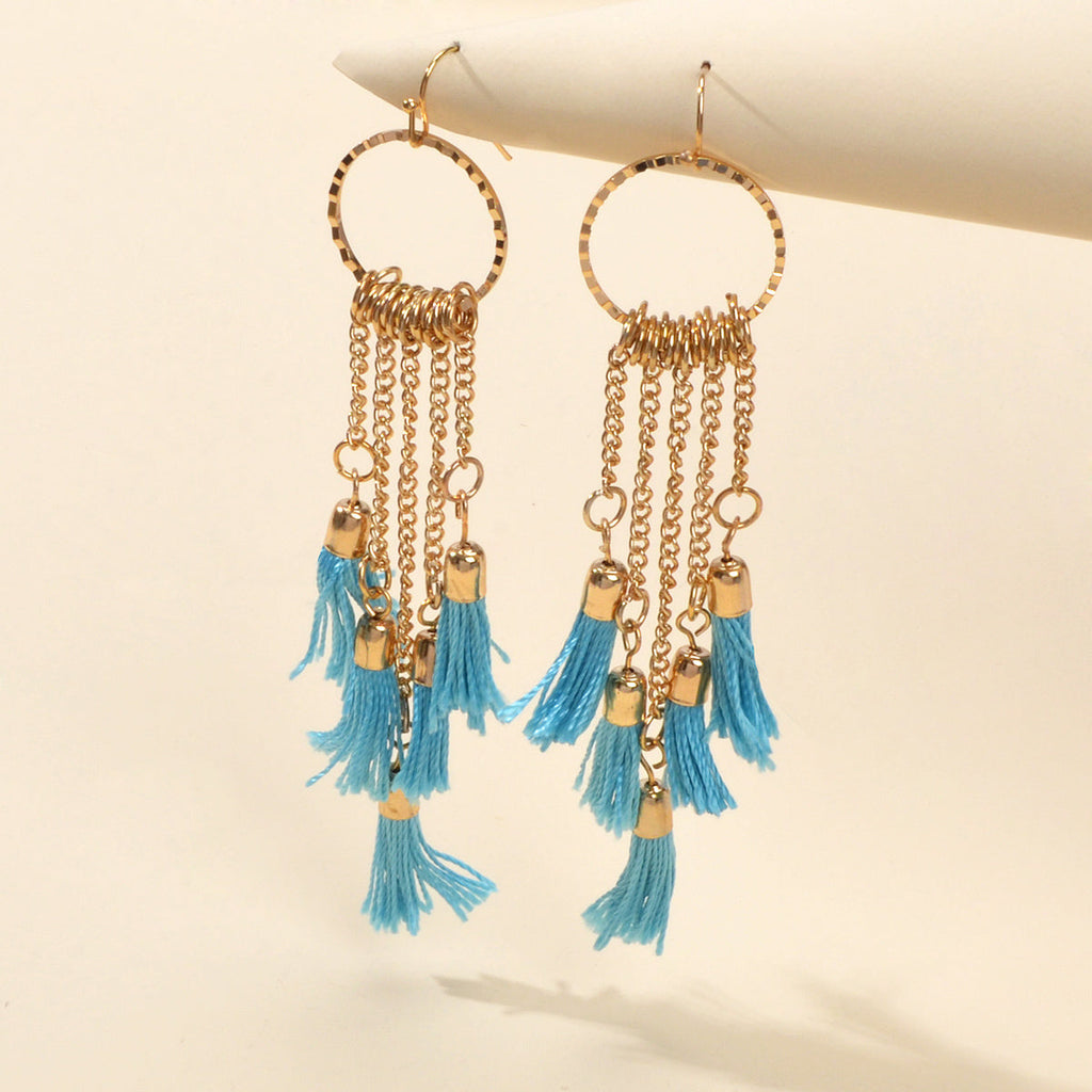 American Jewellery Ethnic Blue Tassel Long Gold Chain Dangle Bohemian Earrings
