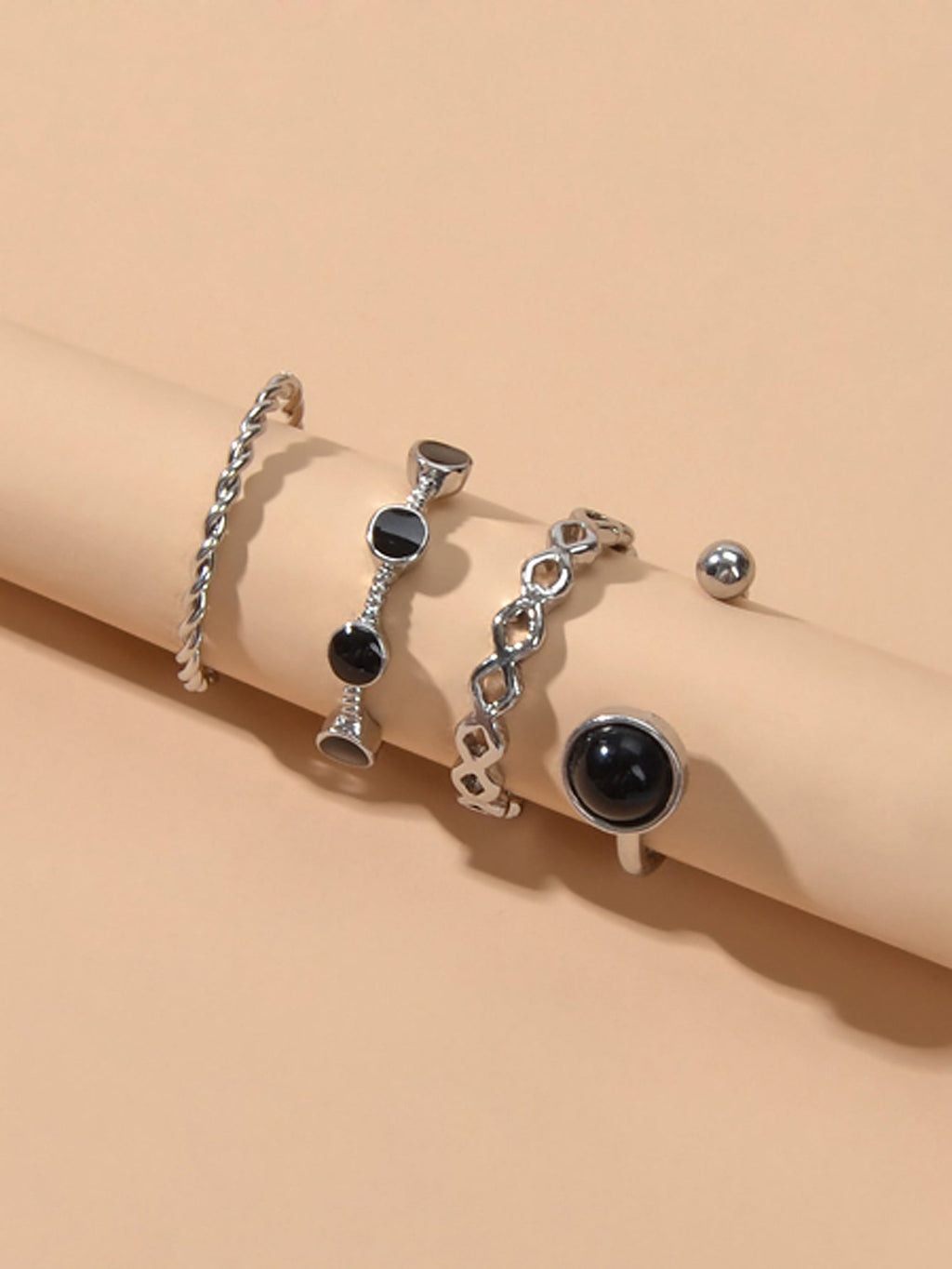 4 pcs Black Enamel Beads Silver Midi Finger Knuckle Multiple Rings set Bulk Pack