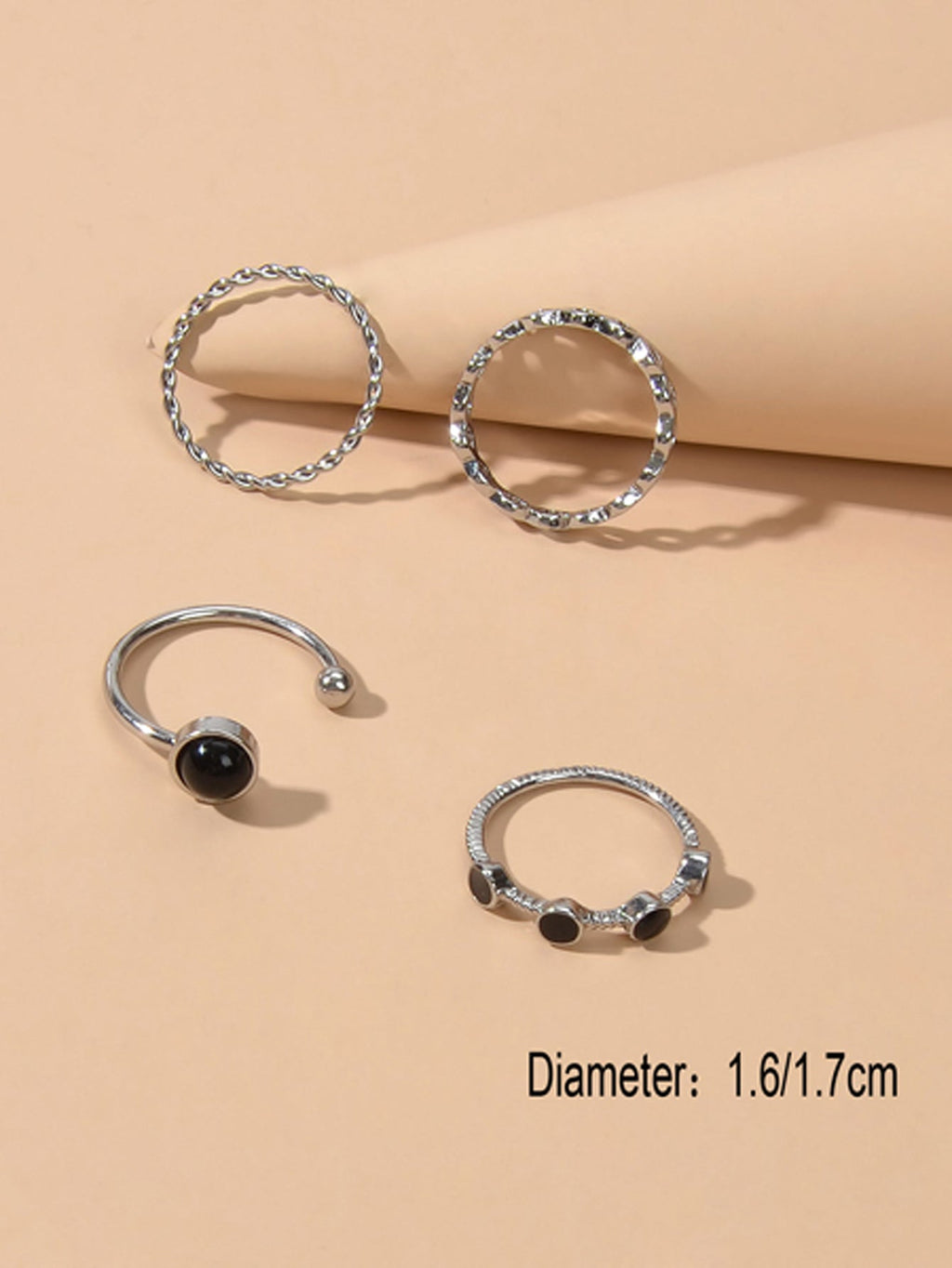 4 pcs Black Enamel Beads Silver Midi Finger Knuckle Multiple Rings set Bulk Pack