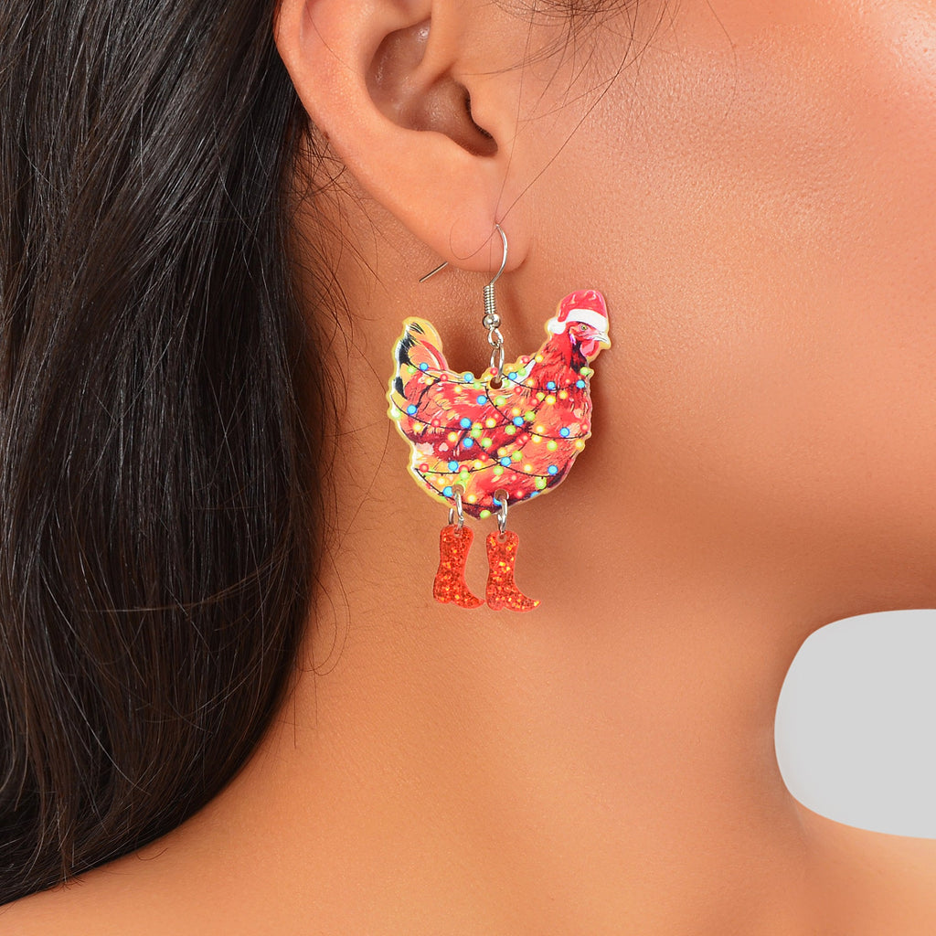 1pair Christmas Coloured Lights Decor Red Big Cock Acrylic Dangle Earrings Women Festival Jewelry