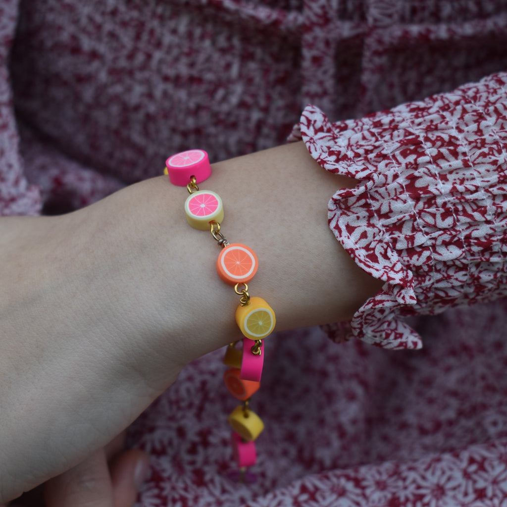 Citrus Bracelet, Lemon Orange Pink Grapefruit Charm Bracelet, Beaded Bracelet | by Ifemi Jewels-1