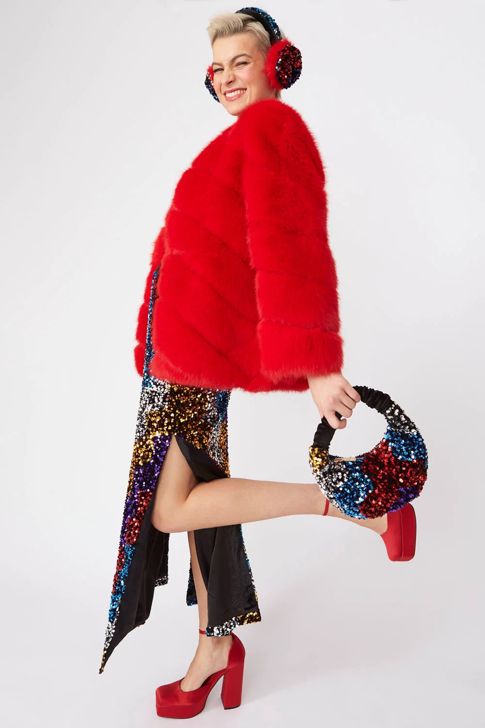 Gaga Faux Fur Striped Red Coat