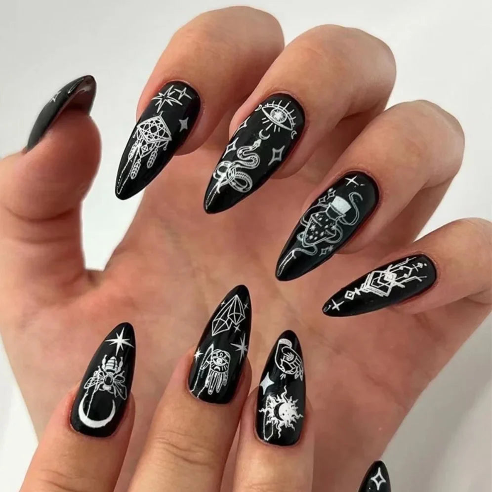 Glamorous Black Almond Stiletto Nails