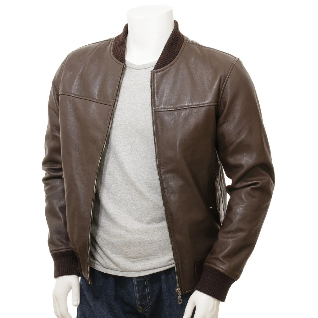MEN BROWN LEATHER BOMBER JACKET BROWNVILLE-1