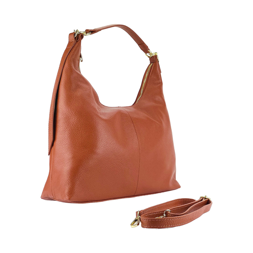 RB1017AM | Women's Soft Shoulder Bag in Genuine Leather Made in Italy with single handle and removable shoulder strap. Shiny Gold metal snap hook attachments - Paprika color - Dimensions: cm 36 x 40 x 13