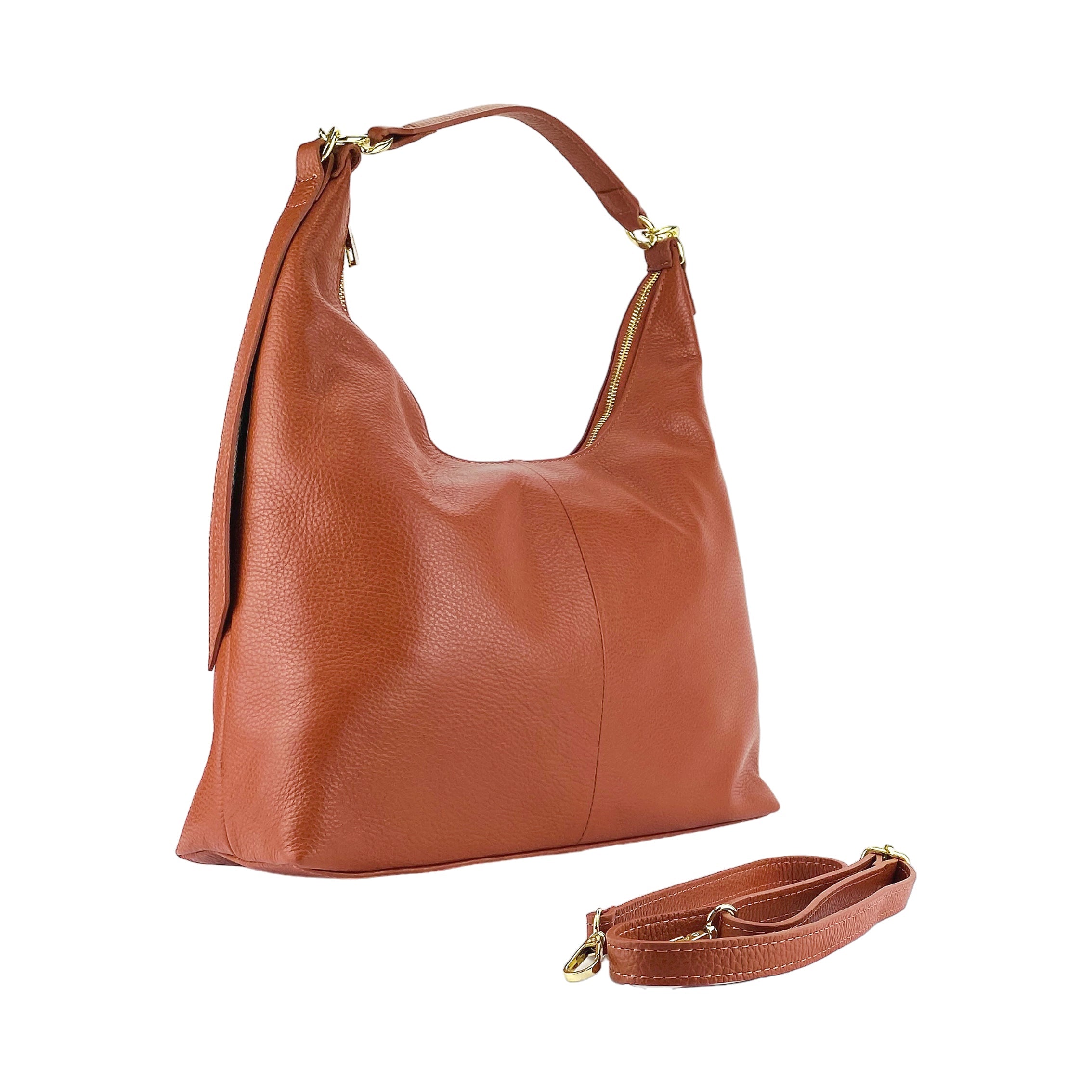 RB1017AM | Women's Soft Shoulder Bag in Genuine Leather Made in Italy with single handle and removable shoulder strap. Shiny Gold metal snap hook attachments - Paprika color - Dimensions: cm 36 x 40 x 13