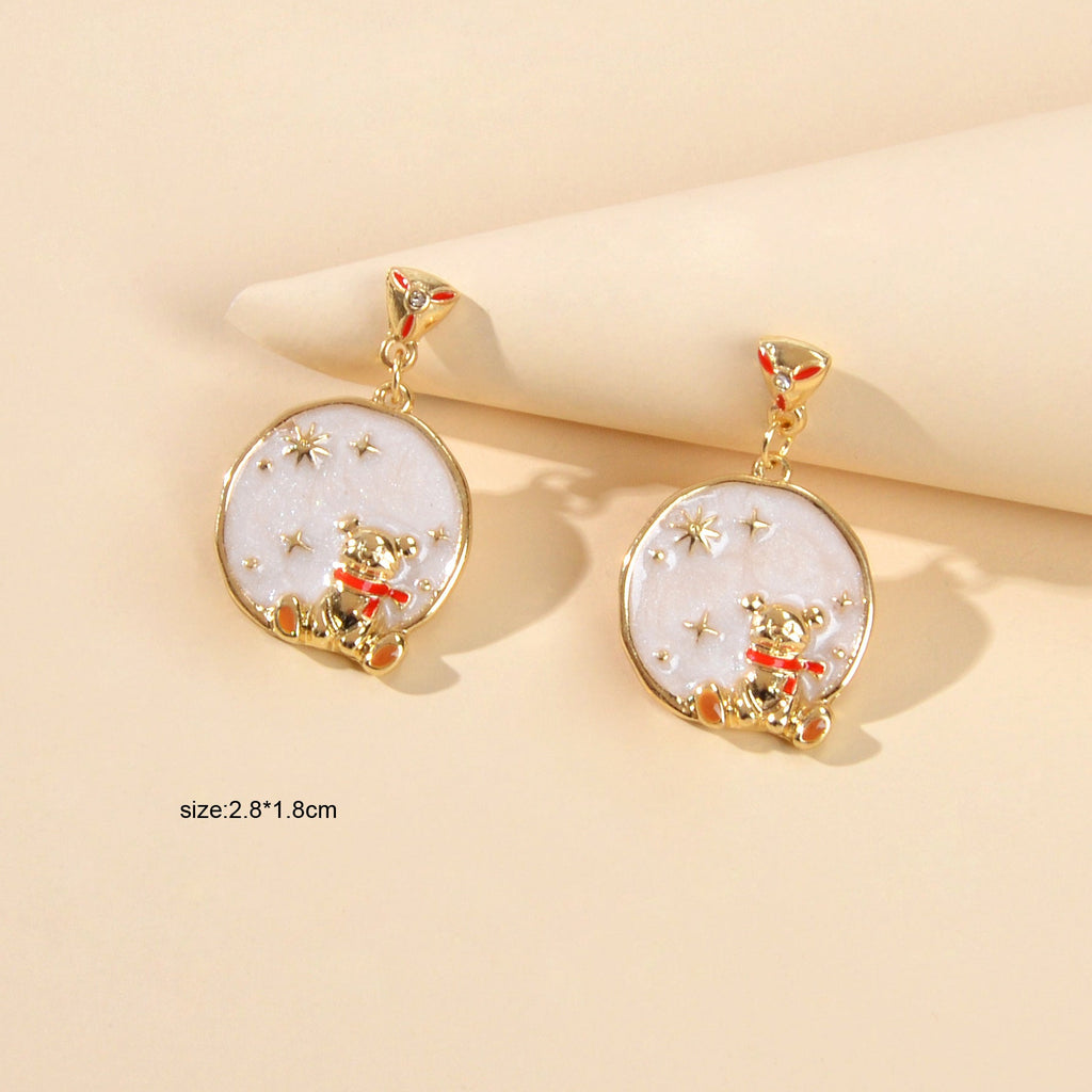 Funny Gifts Best Friends Cartoon Enamel Little Bear Round Charm Dangle Earrings