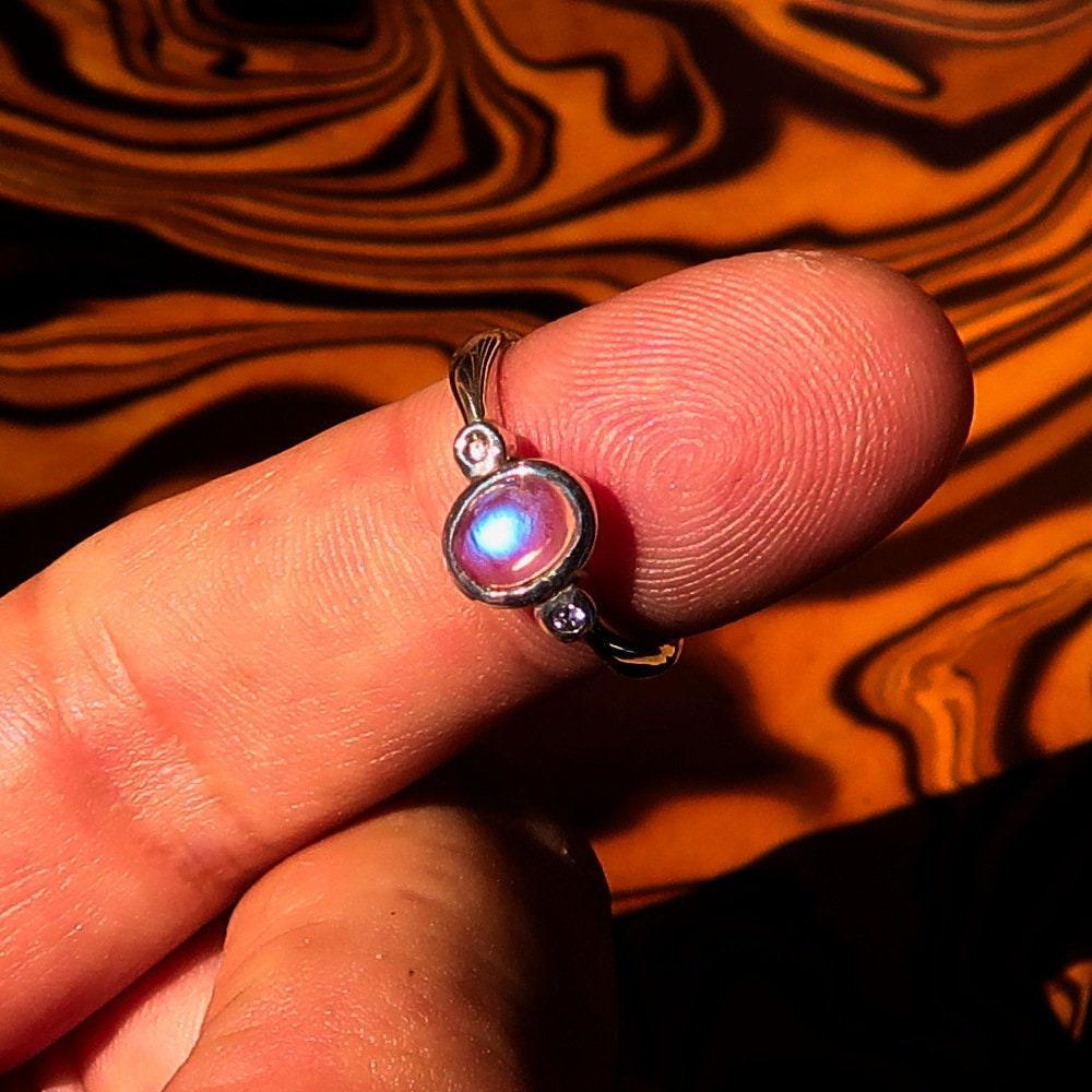 Moonstone Silver Ring, Handmade Silver Ring, Sterling Silver Ring, Solitaire Ring, oval shaped Ceylon Moonstone and 2 CZ, Minimalist -Size 6-1