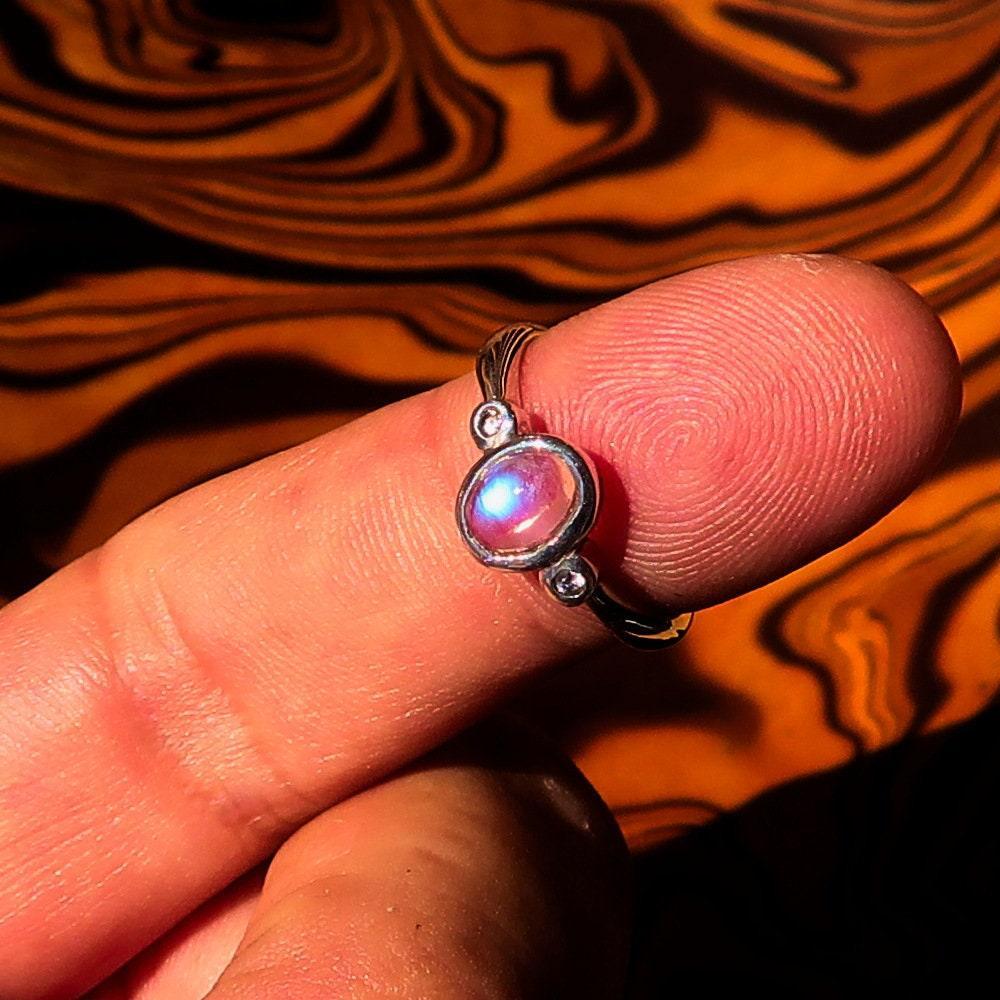Moonstone Silver Ring, Handmade Silver Ring, Sterling Silver Ring, Solitaire Ring, oval shaped Ceylon Moonstone and 2 CZ, Minimalist -Size 6-2