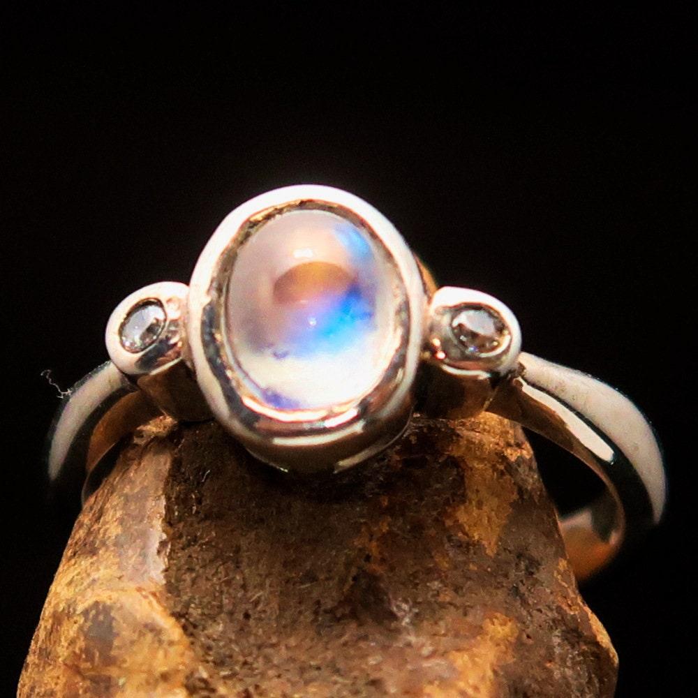 Moonstone Silver Ring, Handmade Silver Ring, Sterling Silver Ring, Solitaire Ring, oval shaped Ceylon Moonstone and 2 CZ, Minimalist -Size 6-0
